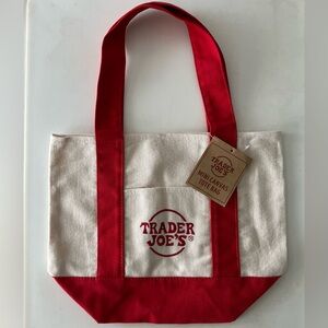 NWT Trader Joe’s Mini White Canvas Tote Red Straps Embroidered Red Logo Bag